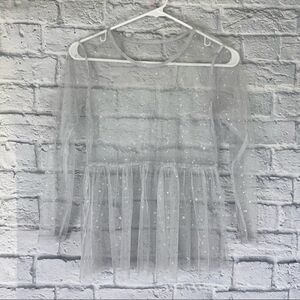 Girls white sheer ruffle bottom top w/stars 10-12